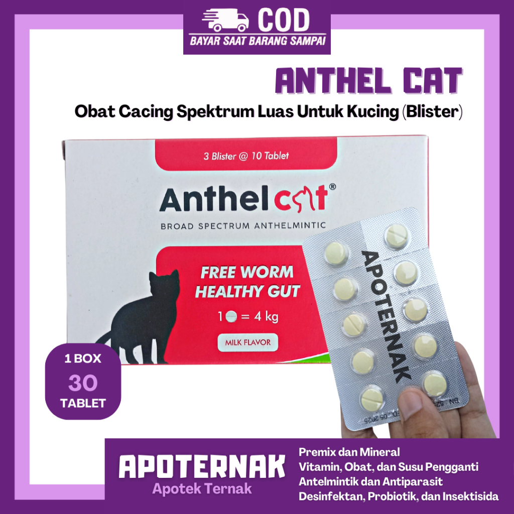 ANTHEL CAT 30 Tablet (1 Box Blister) Obat Cacing Spektrum Luas Untuk KUCING by Kalbe | Harga 30 Tablet Blister