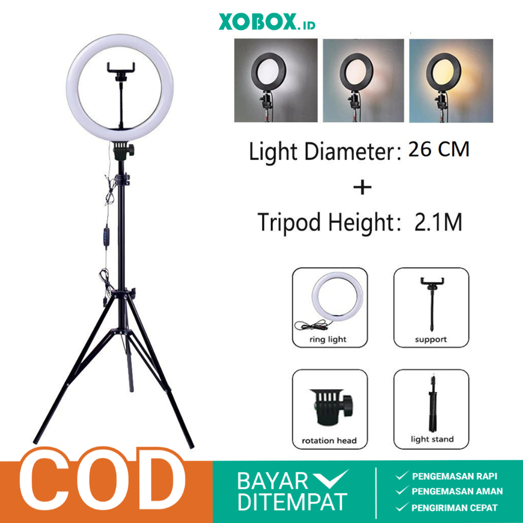 Ringlight Lampu Selfie 26Cm + Tripod 2.1M LED 3 Color Make Up Vlog AH085 - XOBOX