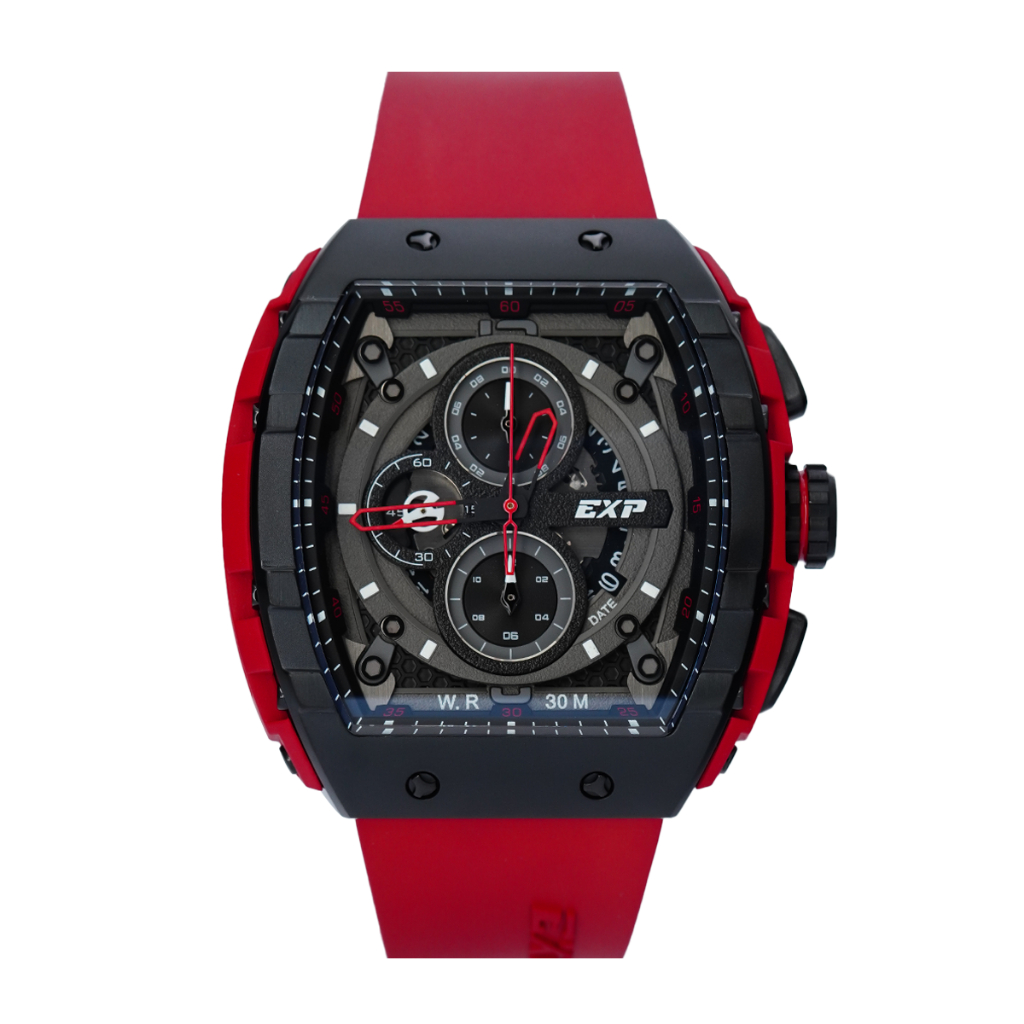 Jam Tangan Pria Expedition Exp Chronograph EX 6782 MCRIPBARE Black Dial Red Rubber Strap