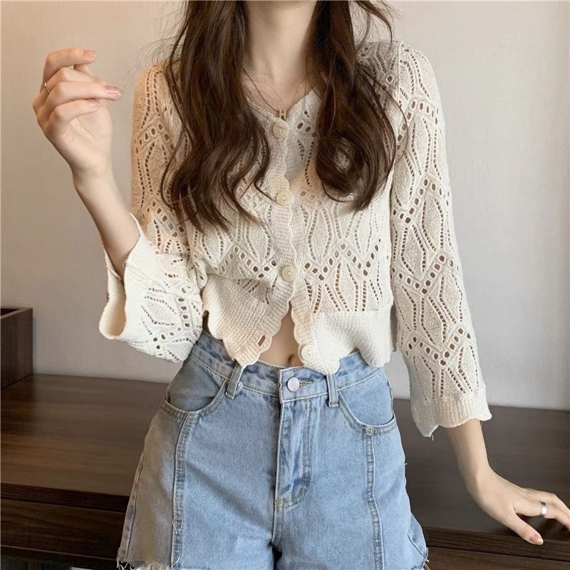 Cardigan Korean Lace Puff Long Sleeve Blouse