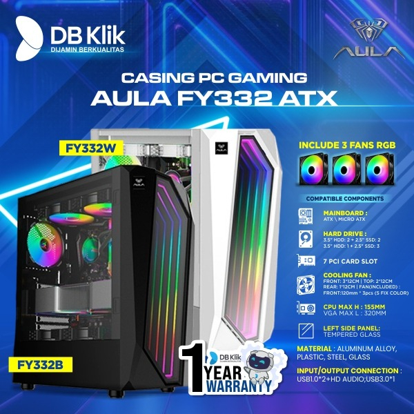 Casing PC Gaming Aula FY332 ATX include 3 fans RGB - FY332W / FY332B