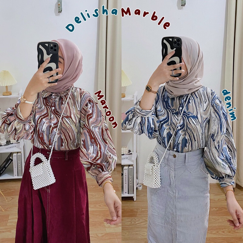 Kemeja Abstrak Galaxie Marble Lengan Balon | Blouse Marble Wanita