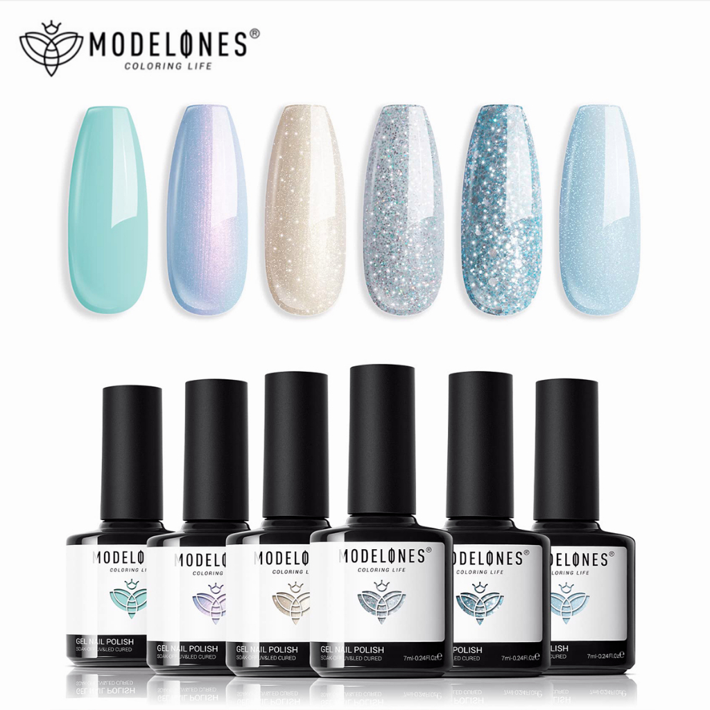 vtxbps- Modelones Gel Nail Polish Set Mermaid 6 Pcs Blue Silver Glitter Gel Nail Mint Polish Green