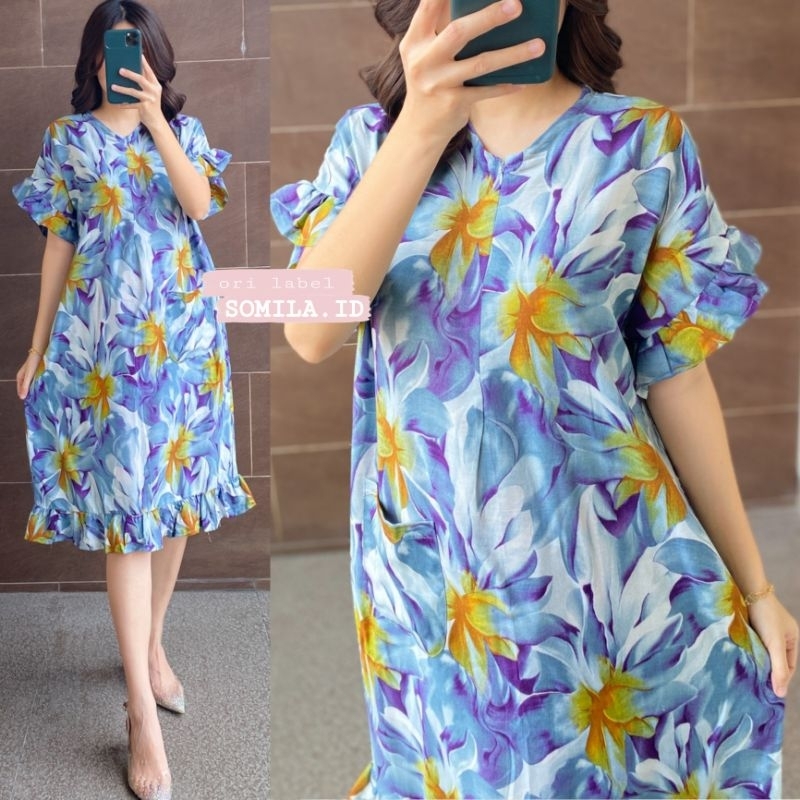 NEW MIDI DRESS RUFFLE BOHEMIA. BUSUI LENGAN PENDEK SETALI. RAYON SUPER BANDUNG. FLORAL