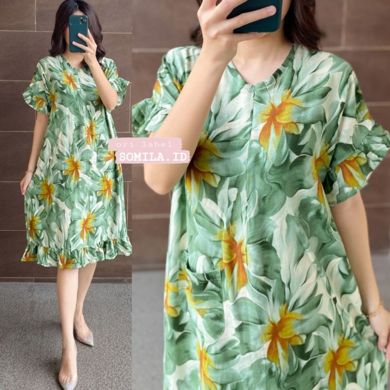 NEW MIDI DRESS RUFFLE BOHEMIA. BUSUI LENGAN PENDEK SETALI. RAYON SUPER BANDUNG. FLORAL