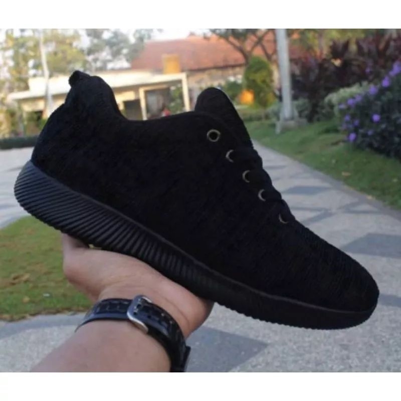 Sepatu Rajut Sneakers Kasual Pria Wanita Sekolah Hitam formal