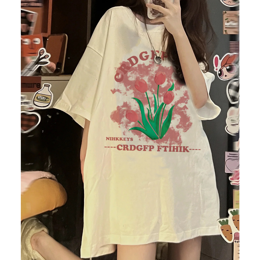 EUNII T-shirt Lengan Pendek Cartoon Pink Tulip Korean Style/Kaos Atasan Wanita/Baju Kaus Oversize Wanita/Kaos Wanita