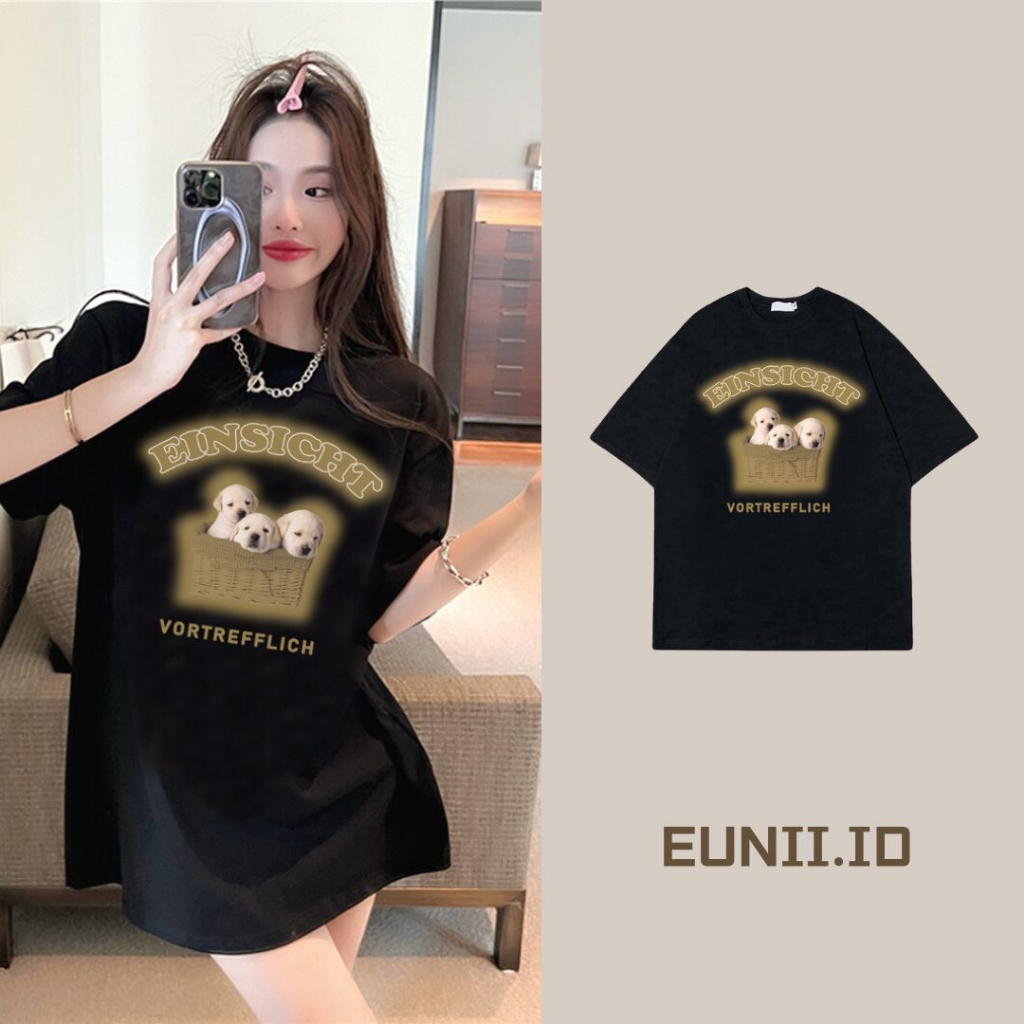 EUNII T-shirt Lengan Pendek Cartoon Basket Dog Printing Korean Style/Kaos Atasan Wanita/Baju Kaus Oversize Wanita/Kaos Wanita