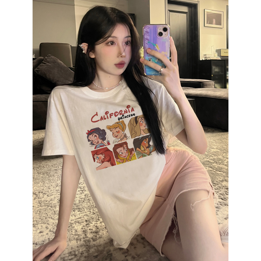 EUNII T-shirt Lengan Pendek Cartoon Disney Princess Printing Korean Style/Kaos Atasan Wanita/Baju Kaus Oversize Wanita/Kaos Wanita