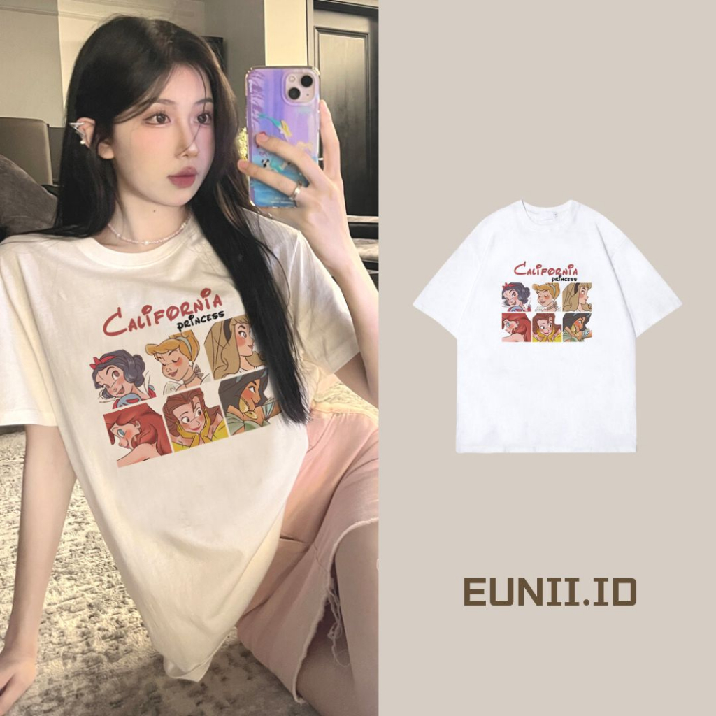 EUNII T-shirt Lengan Pendek Cartoon Disney Princess Printing Korean Style/Kaos Atasan Wanita/Baju Kaus Oversize Wanita/Kaos Wanita