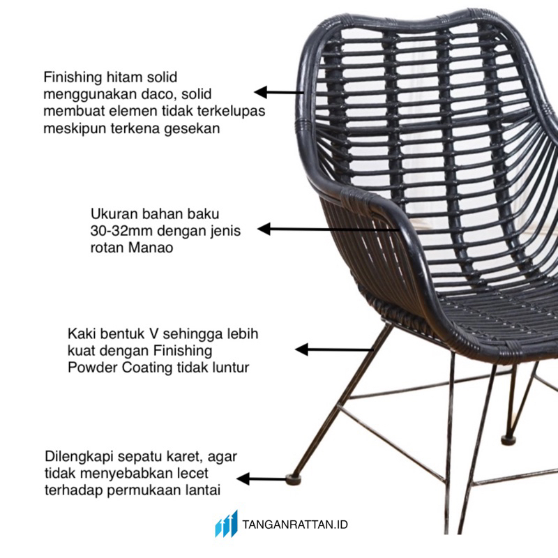 KURSI TERAS / KURSI CAFE ROTAN MINIMALIS DENGAN BANTAL / KURSI MAKAN BAR ROTAN ASLI FINISHING MELAMIN