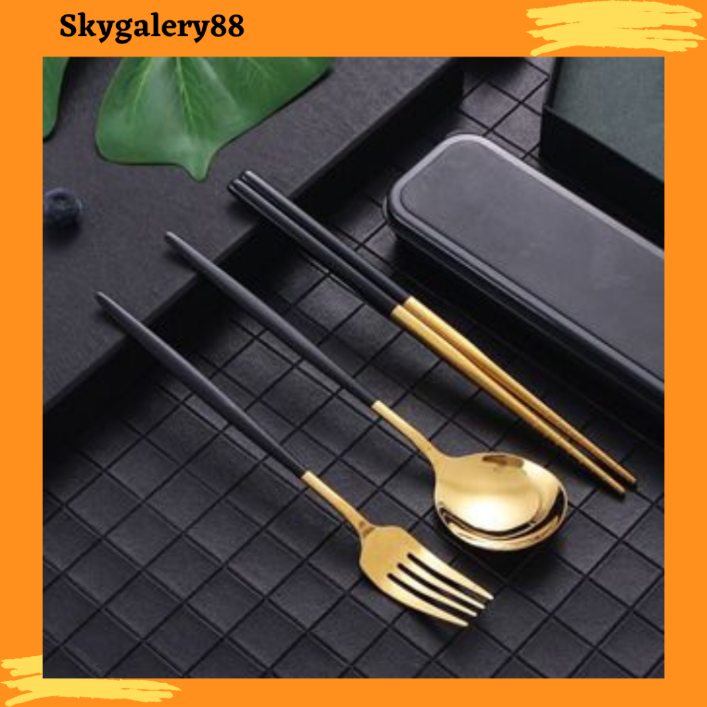 Sendok Garpu Sumpit Satuan Anti karat [H463] per1 pcs Model Korea hamyo Super Gold (Tanpa Box) | Sky