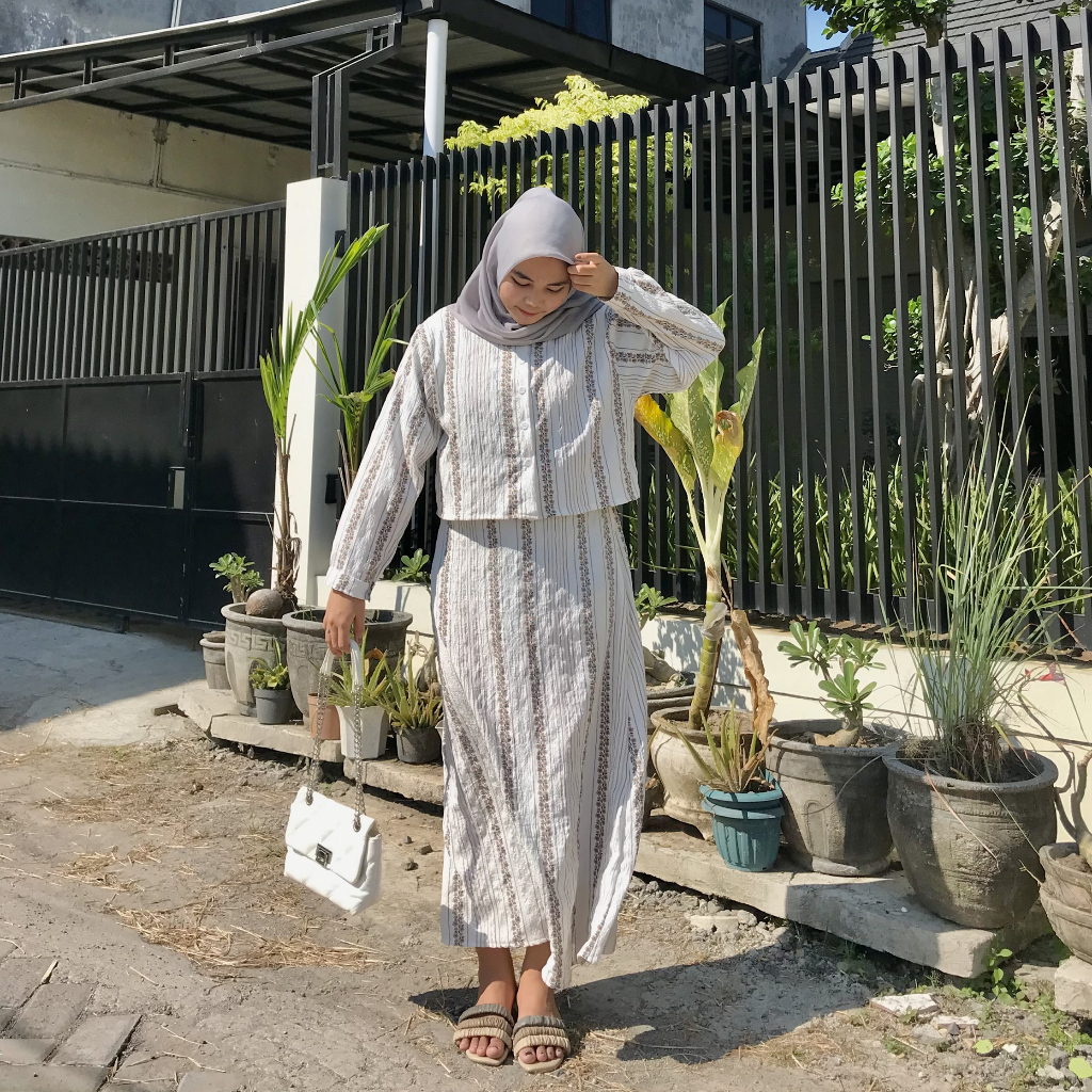 ONESET SETELAN TOP BLOUSE ROK SKIRT DRESS FLORAL BUNGA CRINKLE MOTIF KOREAN DRESS FLOWER