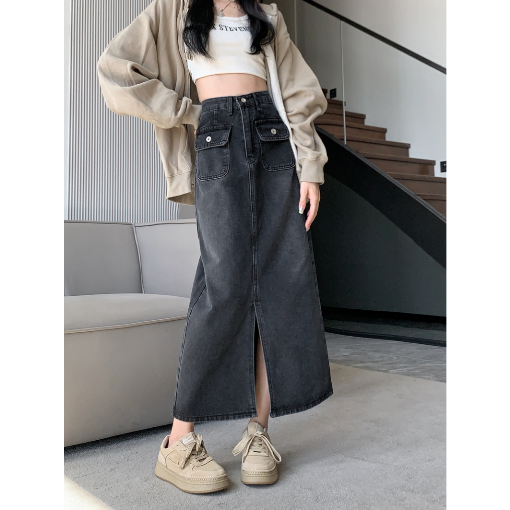 Korea style Rok Denim High Waist Midi A-line Skirt Import Bawahan Wanita Hitam