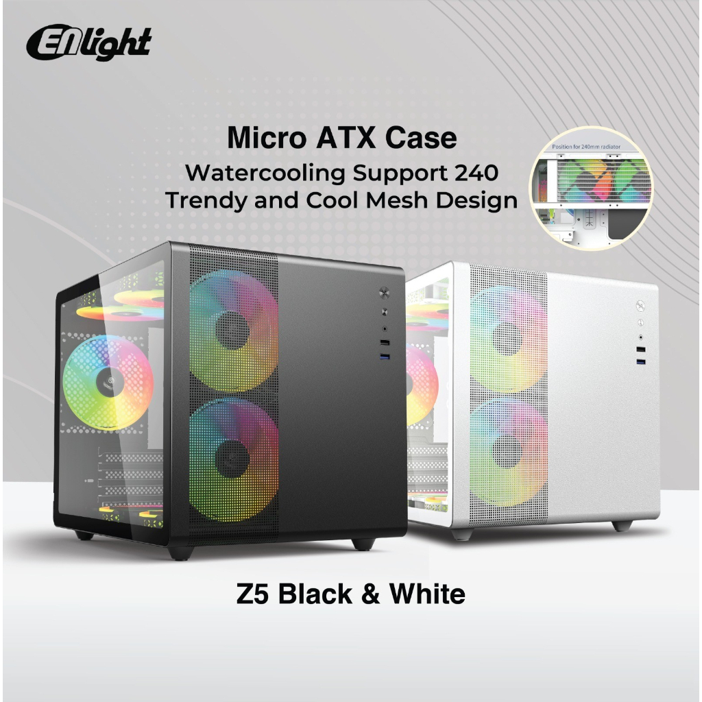 Casing ENLIGHT Z5 Dual Chamber mATX Case Tempered Glass MesH - WHITE