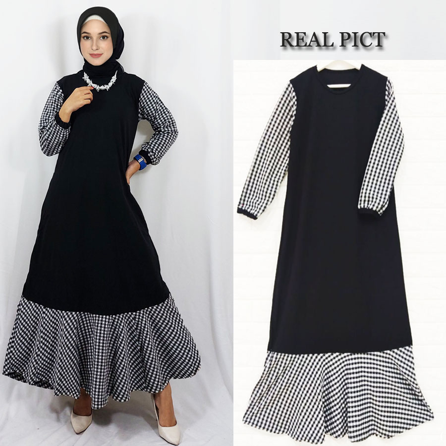 GAMIS SYARI HITAM MIX KOTAK WANITA CANTIK GL FASHION