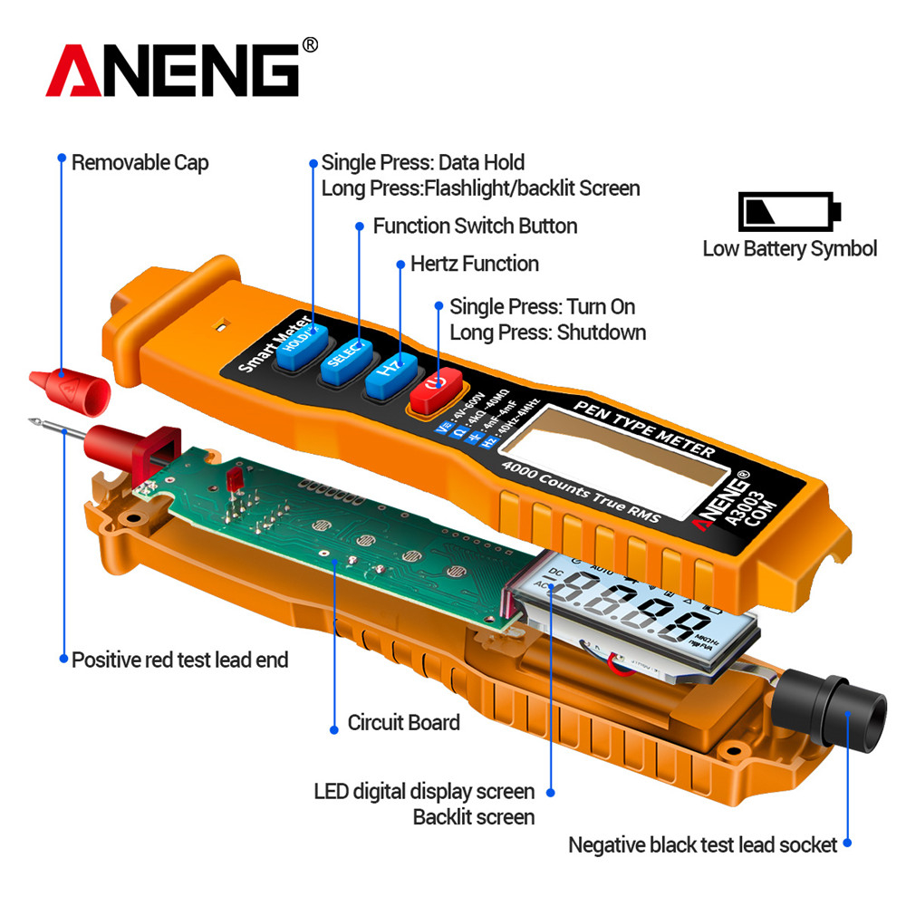 ANENG Digital Multimeter Voltage Tester Pen 4000 Count - A3003 - Black