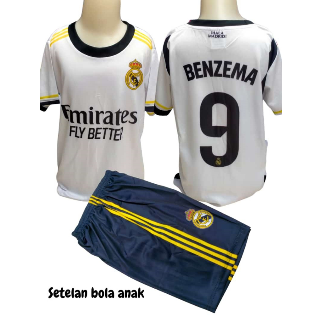 Kaos sepak bola anak jersey soccer club baju dan celana setelan t-shirt outfit jersy futsal seragam klub kostum olahraga pakaian apparel multi jersi sports real madrid benzema navy