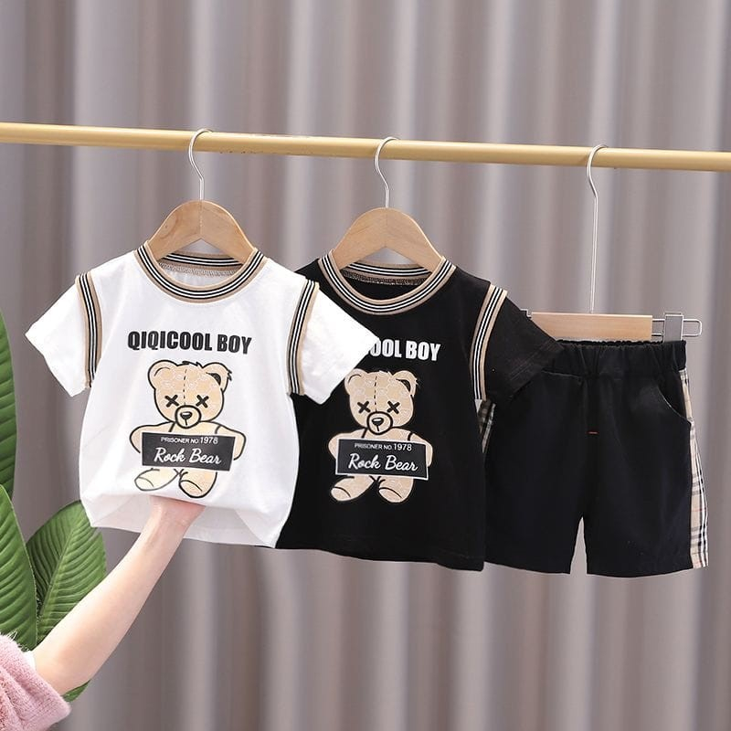 SETELAN ANAK / BAJU KAOS RIB QIQICOOL BEAR/LENGAN P[ENDEK CELANA PENDEK /UNTUK ANAK USIA 6 BULAN SAMPAI 4 TAHUN /BISA COD