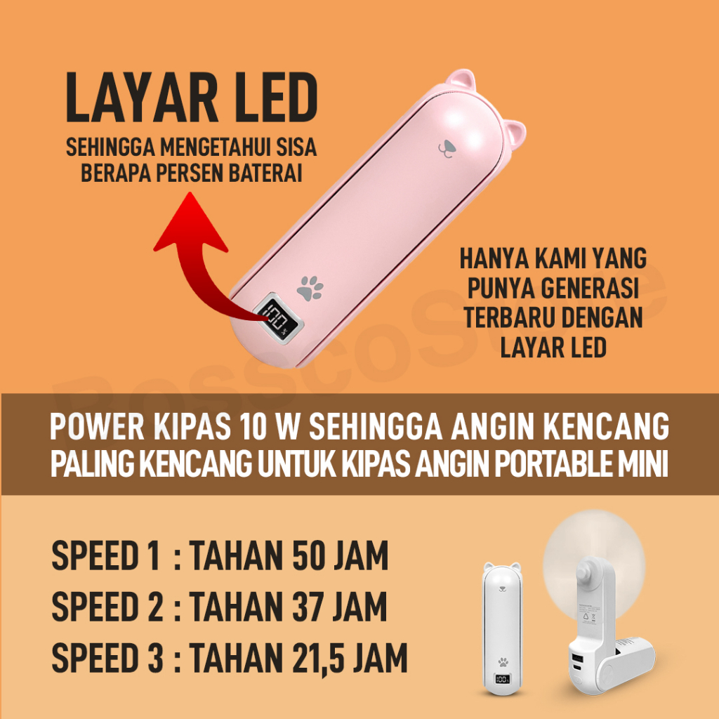 Bossco Kipas Angin Mini Portable Original 4800mAh Layar LED Multifungsi 4 in 1 kipas angin kecil portable fan mini pocket fan kipas angin lipat kipas angin meja kipas angin super mini premium berkualitas kipas angin tahan lama rechargeable fan