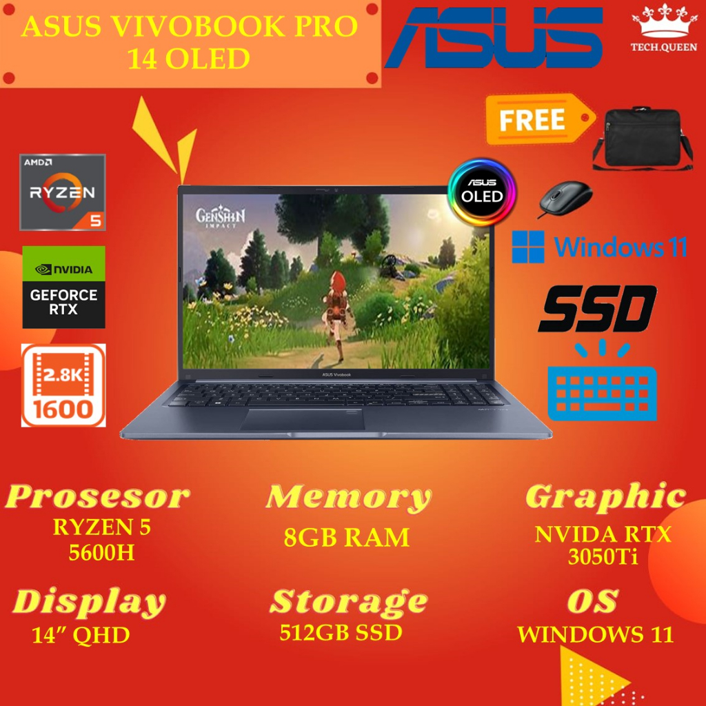 ASUS VIVOBOOK PRO 14 OLED M7400QE - RTX3050TI 4GB RYZEN 5 5600H 8GB 512SSD WINDOWS 11+OHS 14.0 INCHI 2.8K 100DCIP3 SLV