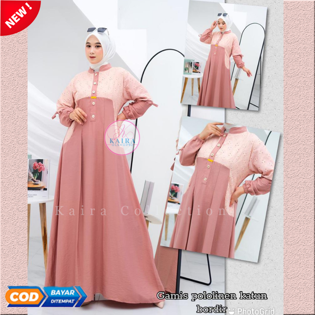 Dress ootd Muslimah Gamis Polo Linen Premium Mix Katun Brukat Terbaru Busui