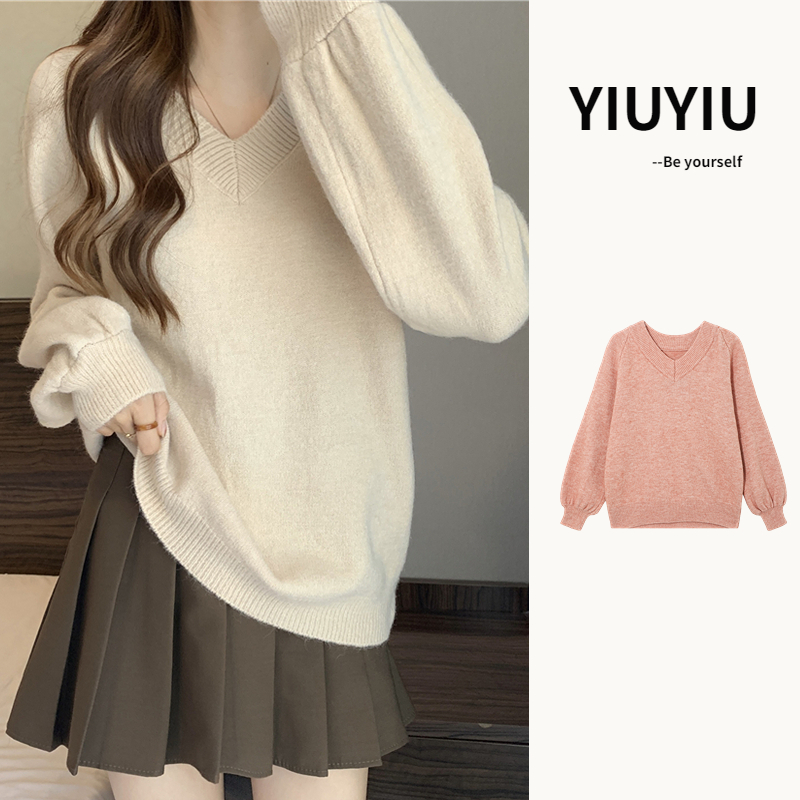 YIU YIU Rajut - Sweater Wanita Polos Knit Sweater V-Neck Baju Wanita Korea Baju Atasan Wanita Lengan Panjang