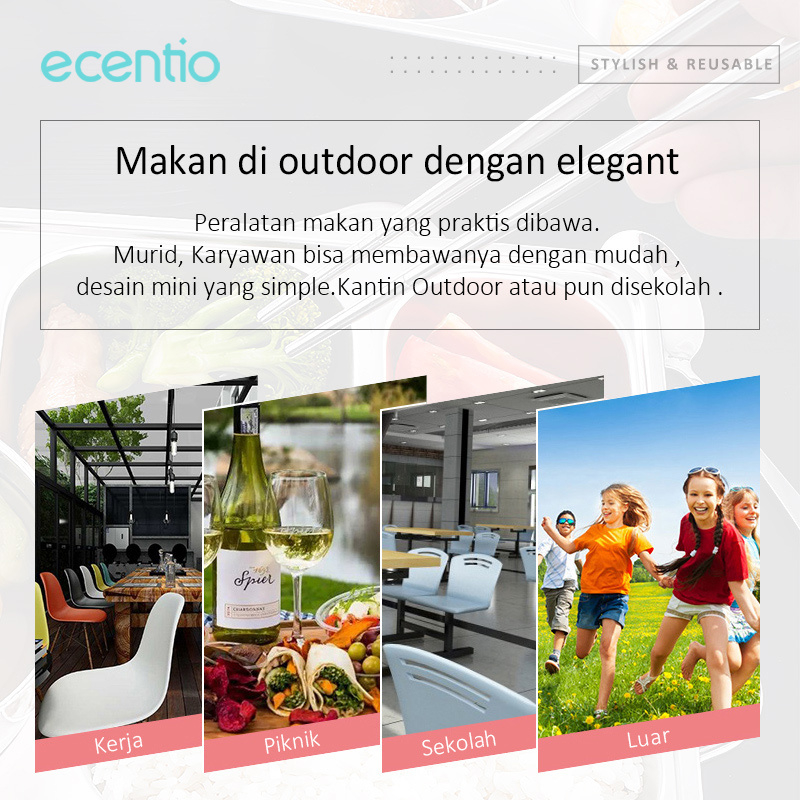 ecentio &amp; FOODI 3pcs Elegan Sumpit Sendok Set Alat Makan Sendok Portable Stainless Steel Cutlery Set Dengan Kotak