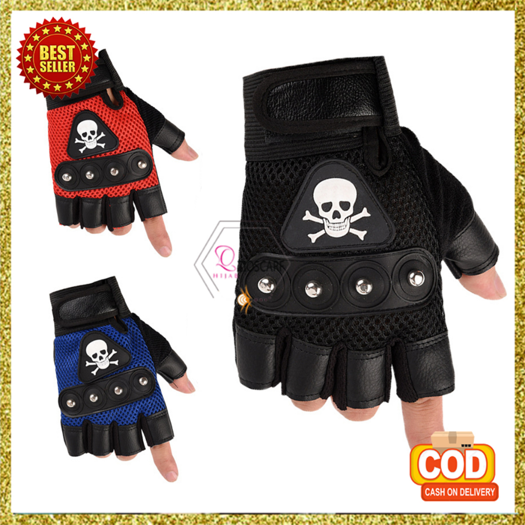Sarung Tangan Motor Pria Setengah Jari Half Finger Motif Tengkorak Trail Sporty Fitness Gloves Fashion Riding HNF