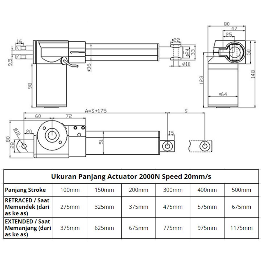 Actuator Electric Linear Motor Controller 2000N 12V Speed 20mm/s - 100mm