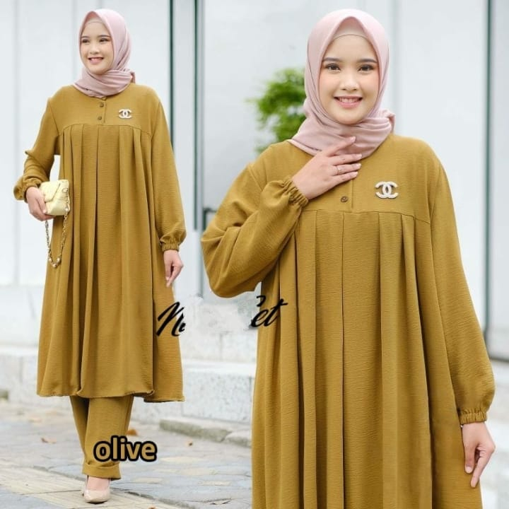 Bisa COD Baju Setelan Tunik Nira Set Bahan Crinkle Air Flow Size Jumbo / Pakain Muslim Wanita Terlaris