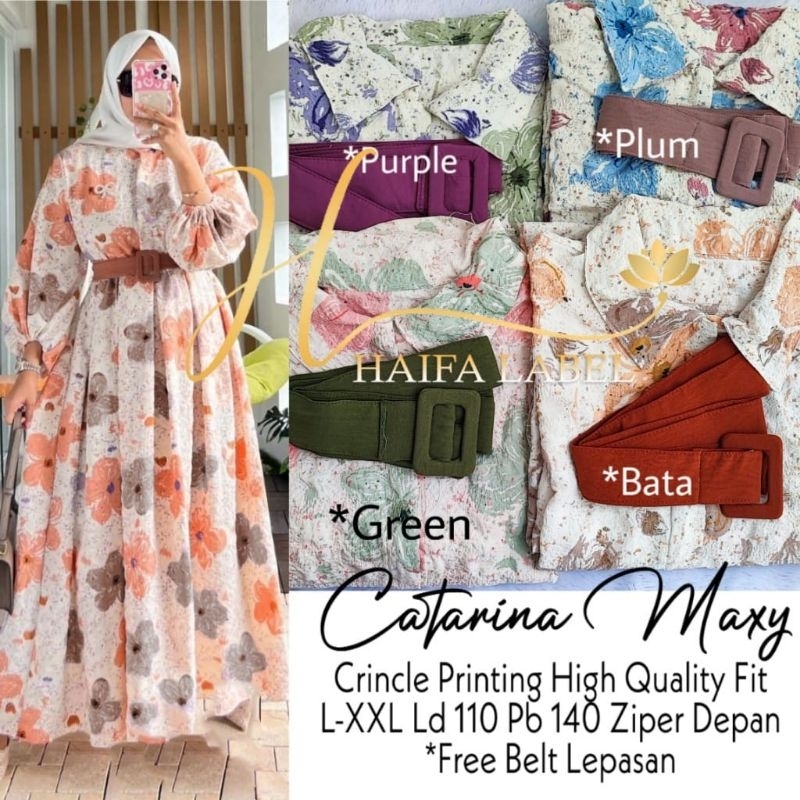 Catarina maxy, bahan Crincle printing HQ, Ld.110 Pb.140 busui zipper depan, Free belt, by Haifa