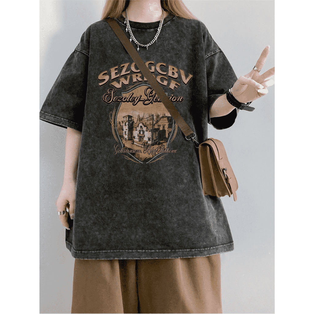 XIAOZHAINV Korean Style Retro House Pattern Washed Printing Kaos Wanita A0713/Atasan Wanita Terbaru