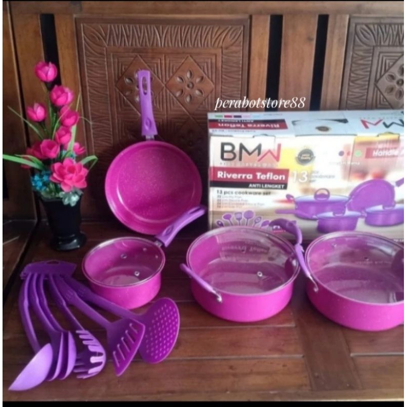 BMW PANCI SET Riverra teflon warna marble 13pcs cookware set pink ung