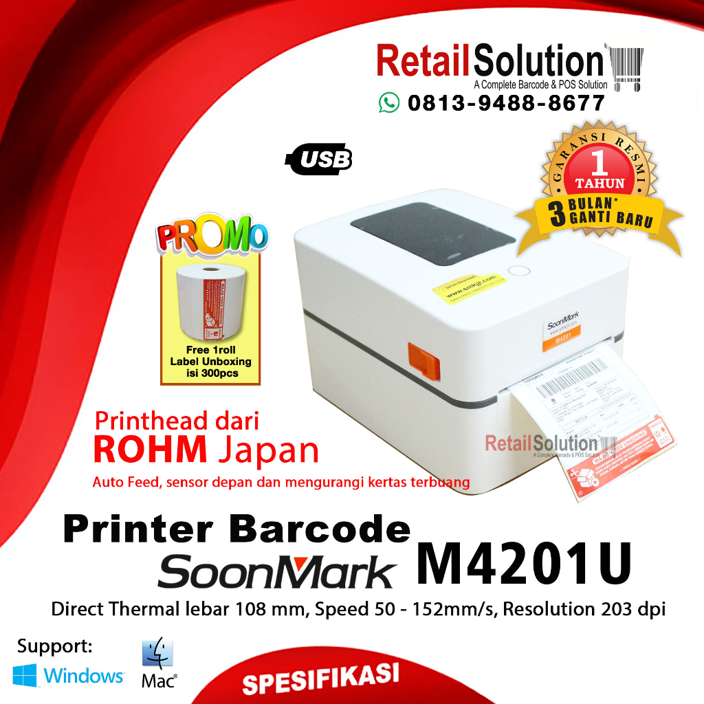 Printer Label Barcode USB 203DPI - SoonMark M4201 M4201U M-4201