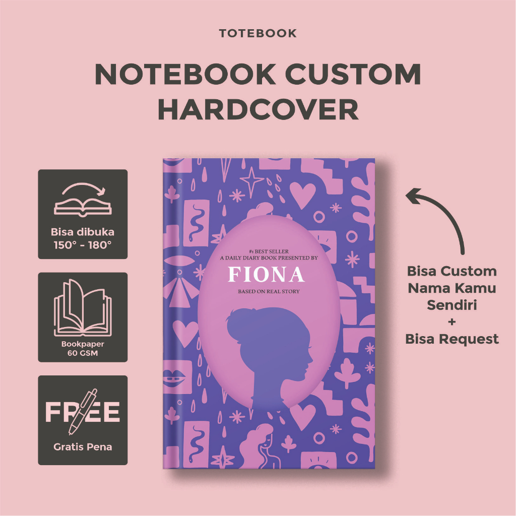 

Notebook Custom / notebook FIONA / notebook series women / notebook estetik / notebook estetik / notebook pink / ungu / hadiah / hampers