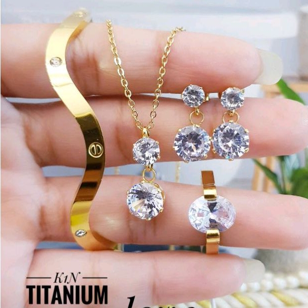 Perhiasan Titanium Wanita Dewasa Gelang Gelombang Set Kalung Anting Cincin Permata Zircon Cantik Mewah 1306a1