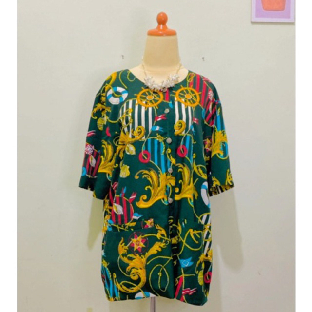 Atasan wanita kemeja blouse vintage bahan polyester motif rantai abstract bunga warna hijau lumut hi