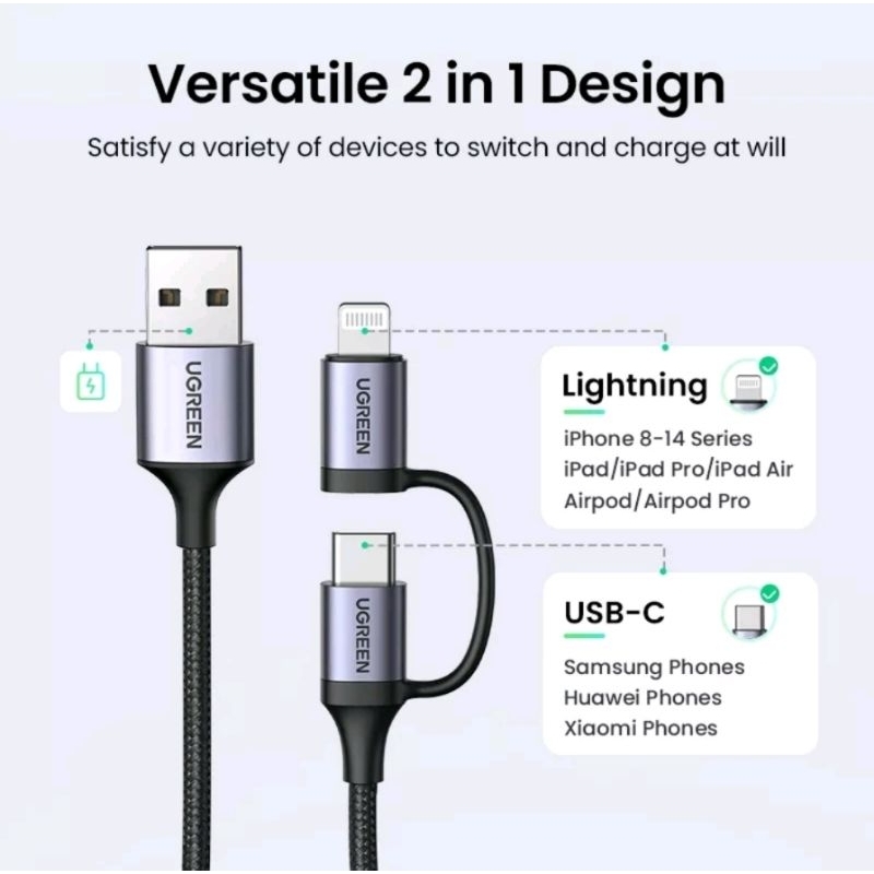 UGREEN MFi 2in1 USB A to Lightning iPhone dan Type C Fast Charging 66W 3A 6A