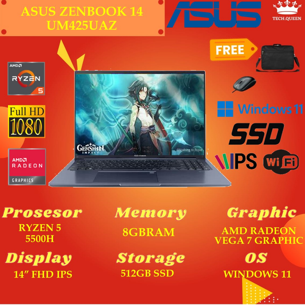 Asus Zenbook 14 UM425UAZ IPS554 - Ryzen 5 5500 8GB 512SSD Vega7 W11+OHS 14.0 Inchi FHD IPS