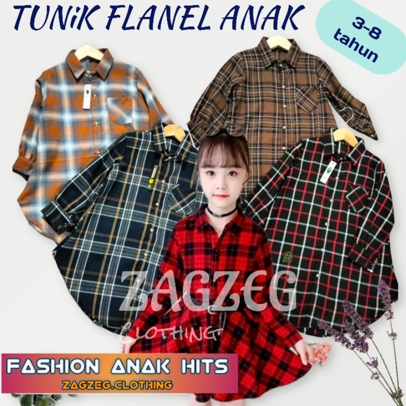 Zagzeg Clothing Atasan Baju Kemeja Dress Anak Perempuan Tunik Anak Perempuan Bahan Flanel Import Premium Usia Umur 2 3 4 5 6 7 8 Tahun Tunik Anak Perempuan Cewek SD Bisa COD