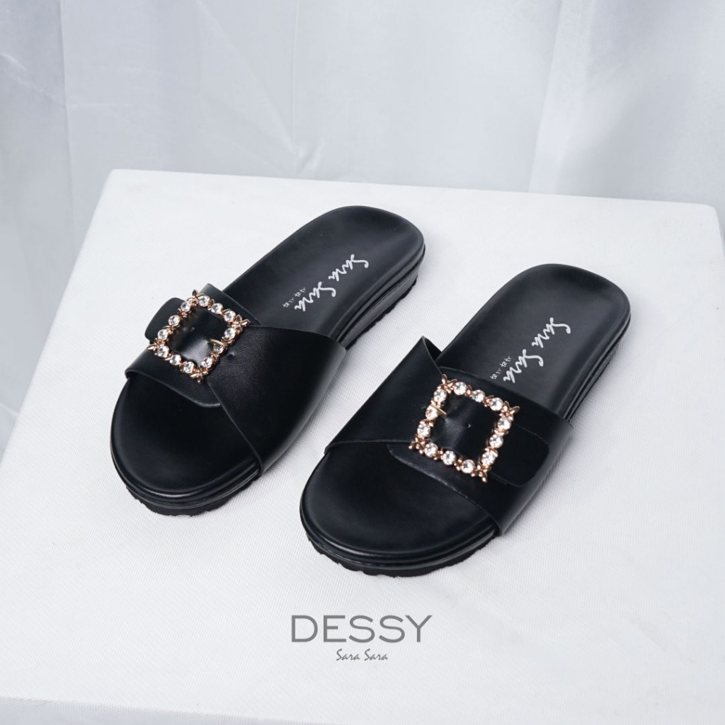 Sara Sara DESSY Sandal Slop Wanita Kekinian Sendal Flat Cewek Gesper Berlian Terbaru