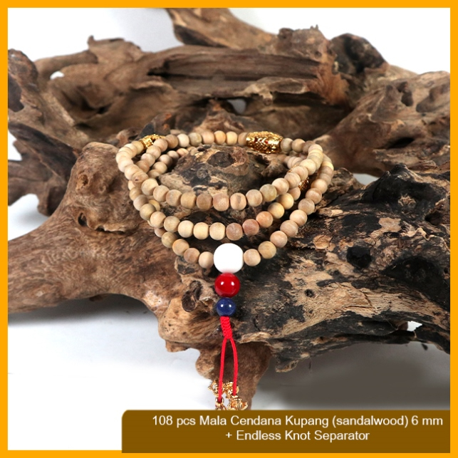 Tasbih Mala Buddha 108 Kayu Cendana Kupang (Sandalwood) + Endless Knot Separator