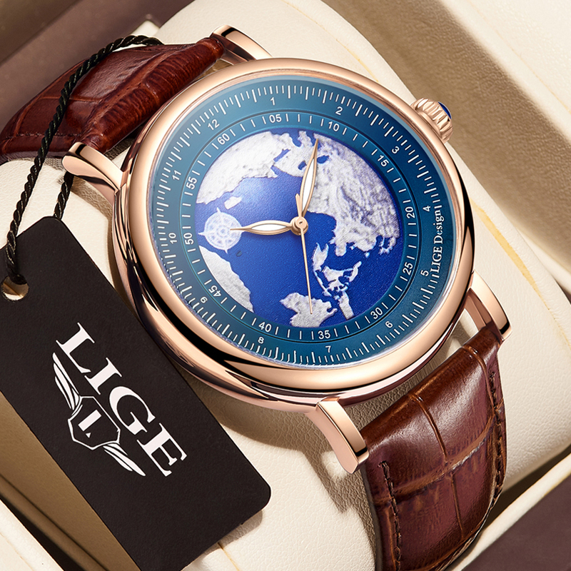 LIGE Mode Jam tangan pria anti air Santai sederhanaTali kulit Wrist Watch + Box