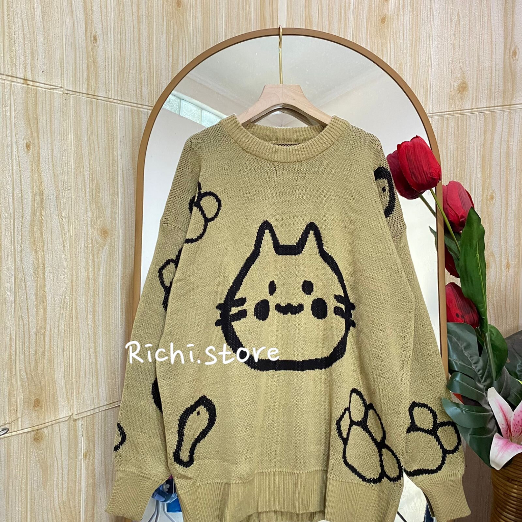 Caitlin oversize sweater rajut korean style motif kucing