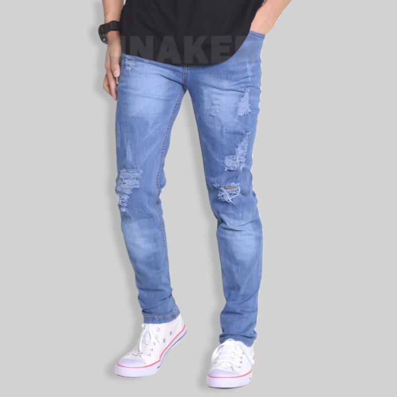 Celana Panjang Jeans Pria Sobek Lutut Distro Denim Dewasa Keren Anti Luntur Skinny Ripped Jins