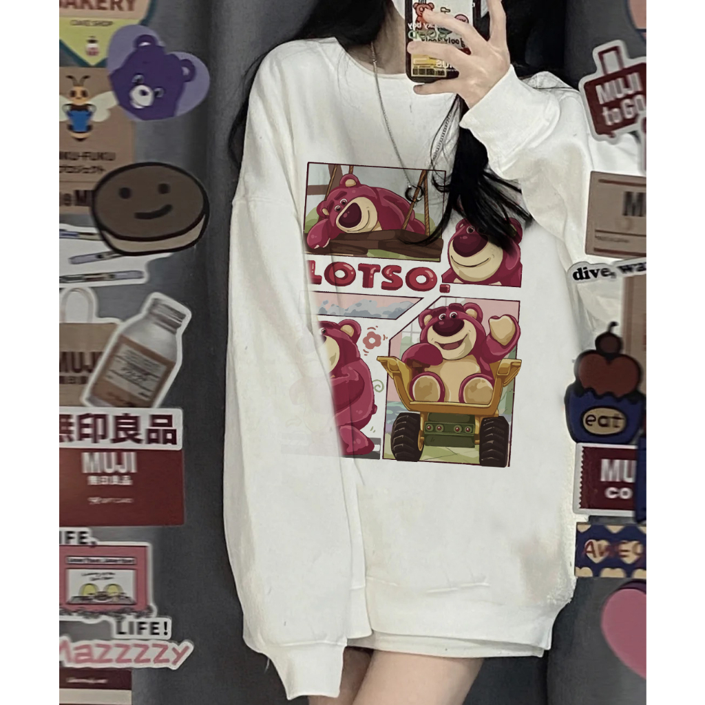 EUNII Sweater Lengan Panjang Cartoon Strawberry Bear Printing Korean Style/Sweater Crop/Baju Wanita/Switer Wanita/Switer