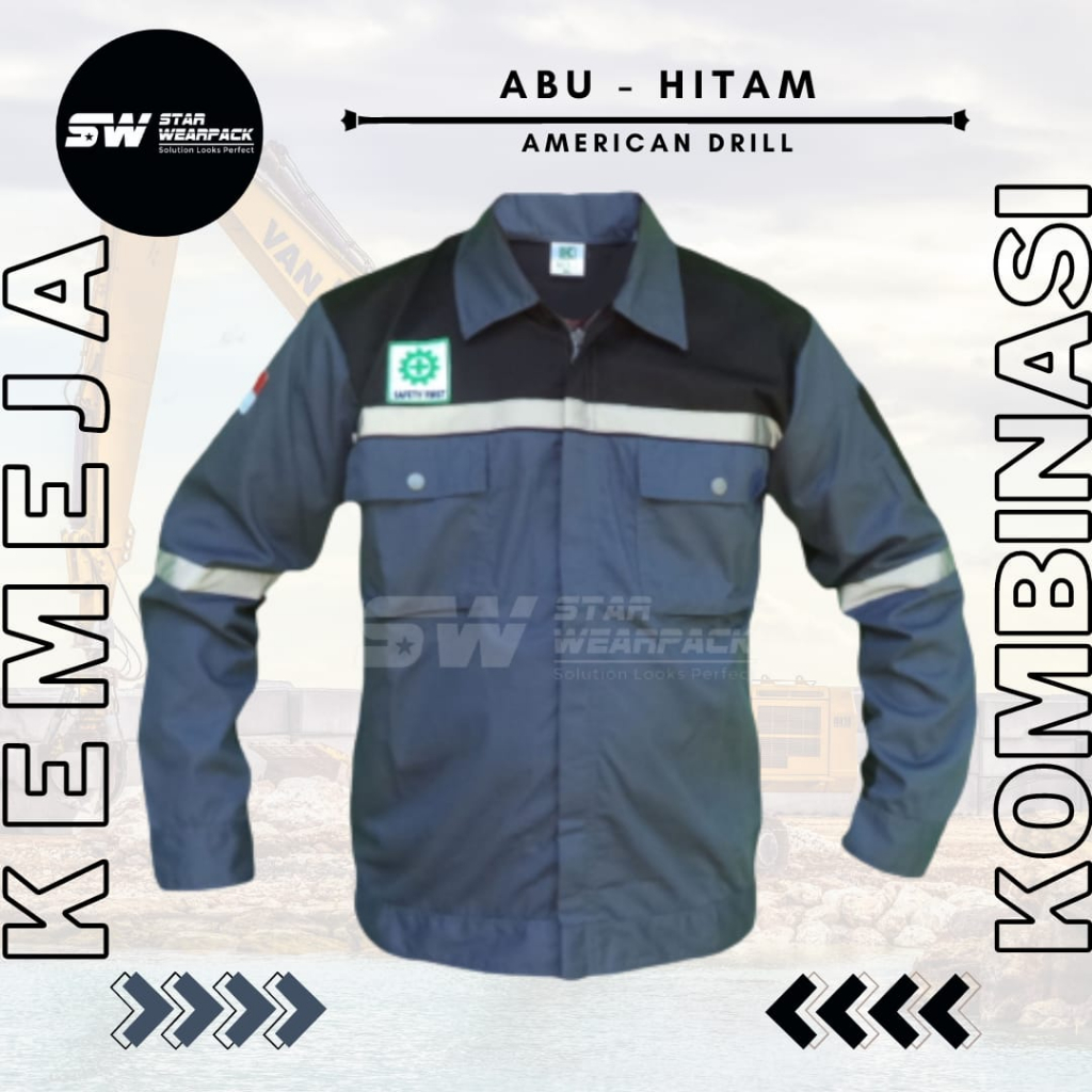 Star Wearpack  - Baju Kerja Proyek Model Resleting Warna Abu Kombinasi Hitam