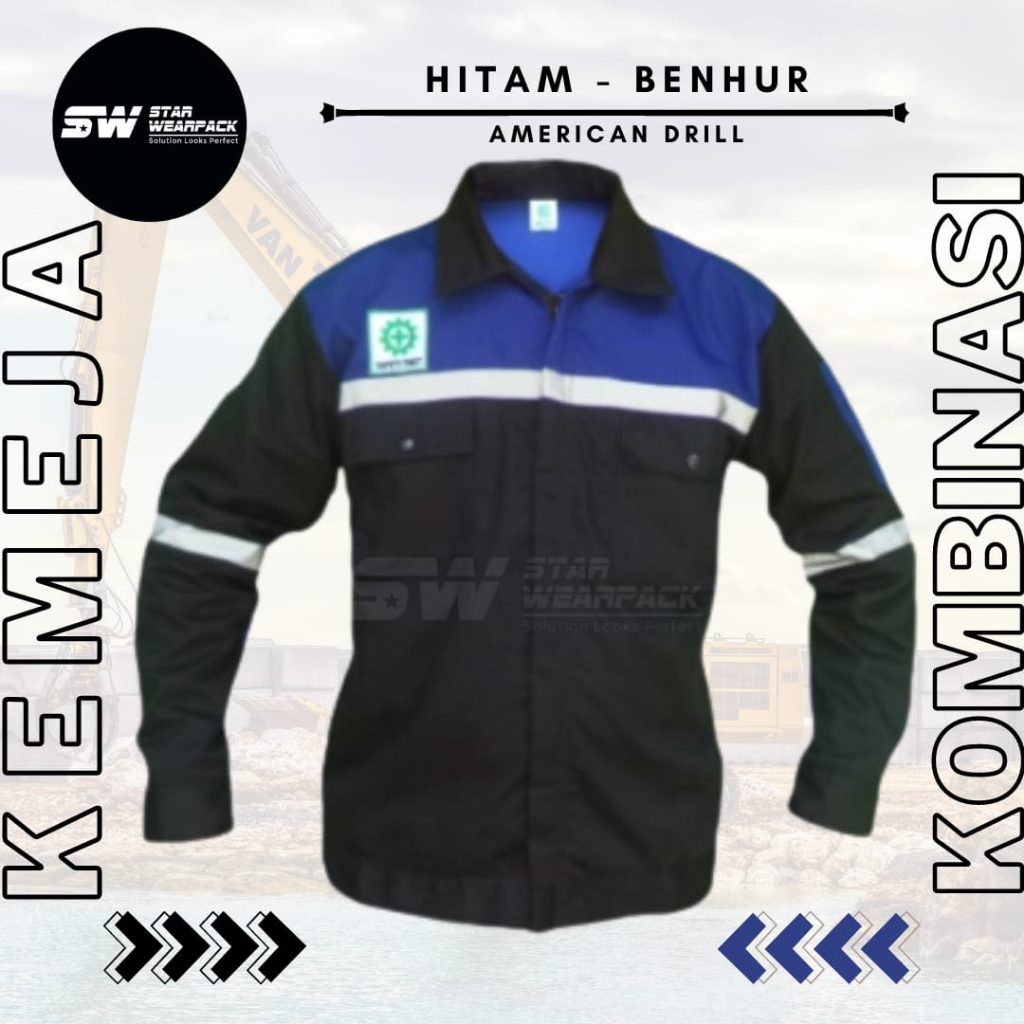 Star Wearpack -  Seragam Kerja Proyek Warna Hitam Kombinasi Benhur Free Logo K3 &amp; Bendera