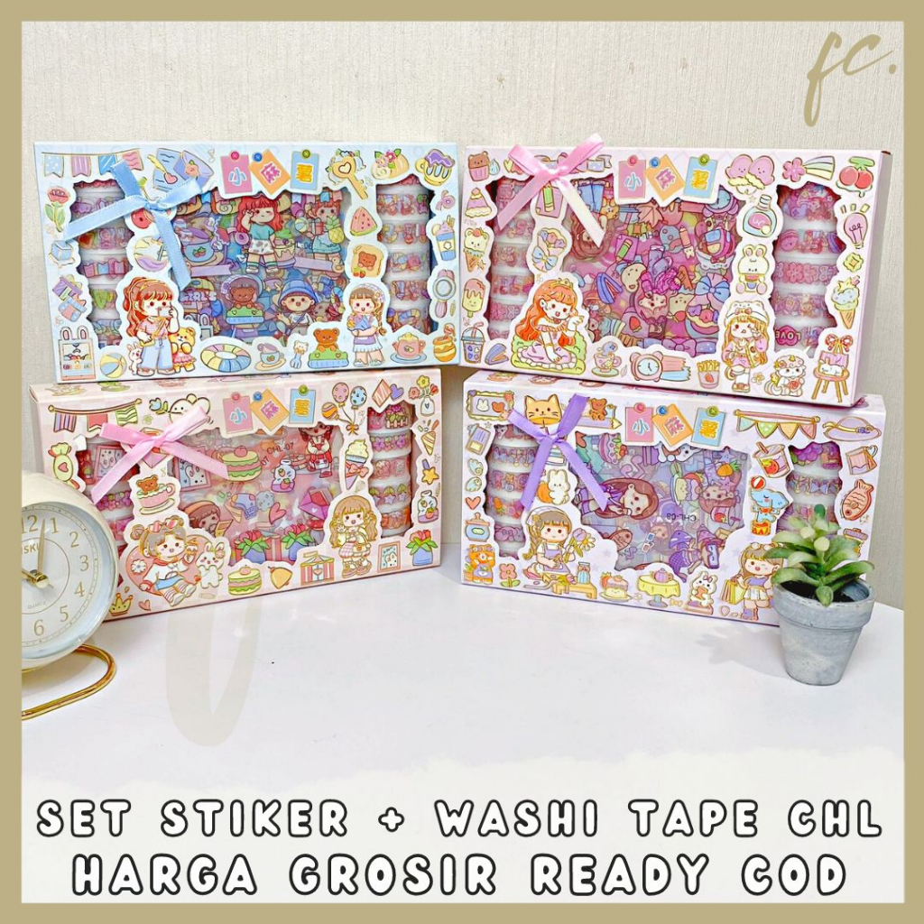 1 Pack isi 5 Lembar Pcs Glitter Sticker Box + 12 Roll Selotip Washi Tape CHL Stiker Set Transparan W